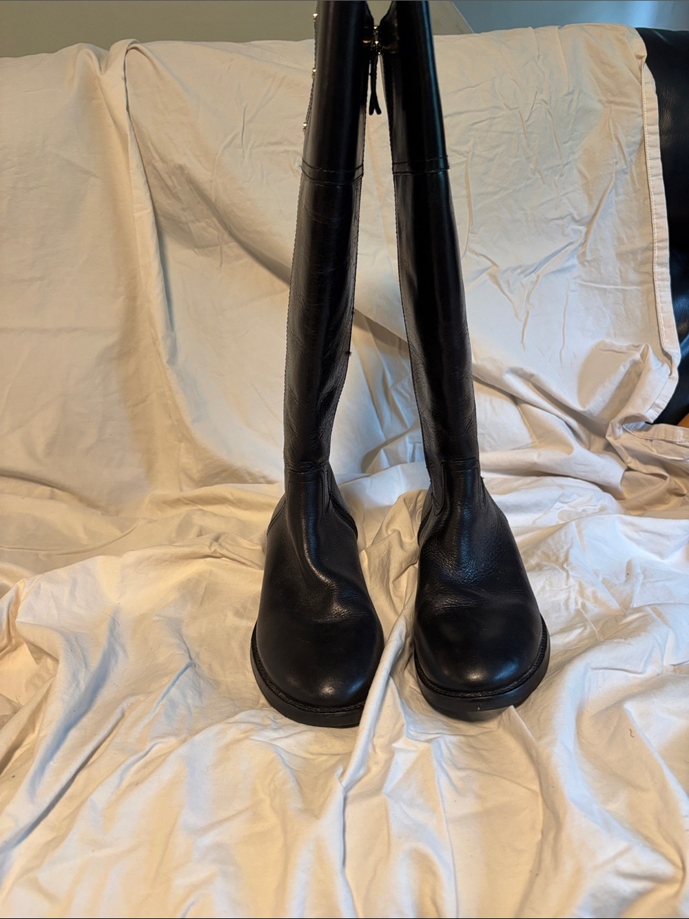 Tory Burch Black Leather Knee-High Zip Boots - Picture 1 of 6
